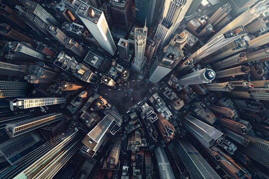 A panoramic view of a modern huge metropolis from a bird's eye view. An incredibly detailed image with realistic depiction of skyscraper architecture