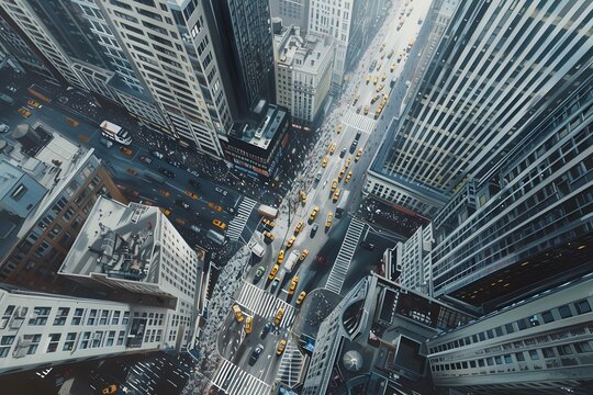 A panoramic view of a modern huge metropolis from a bird's eye view. An incredibly detailed image with realistic depiction of skyscraper architecture.