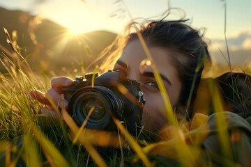 Girl photographer in the grass. The photographer takes exclusive photos.