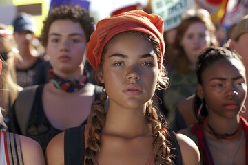 Defiant young urban woman stands out among group of diverse teenagers.