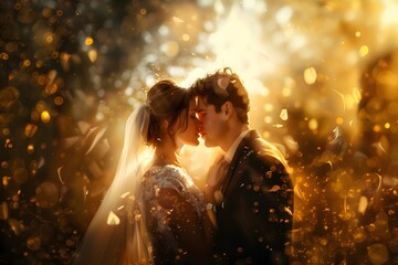 Wedding couple in love with backlight. Atmospheric background details of the comfort of warmth and love.
