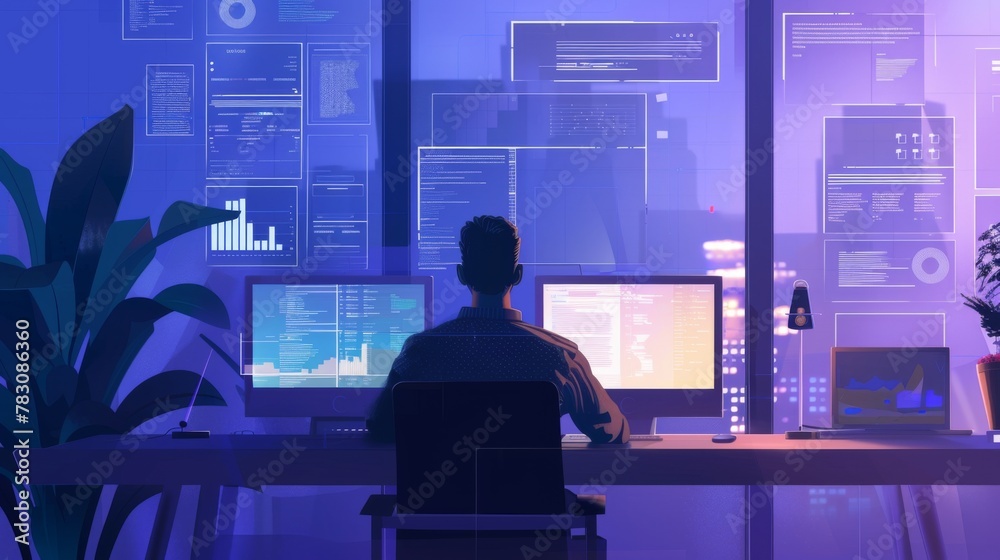 Poster man working at desk with two computer monitors