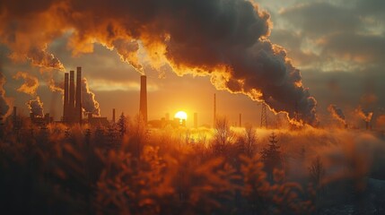 Concept of carbon emissions, represented by smoke billowing from factory chimneys - 783086371