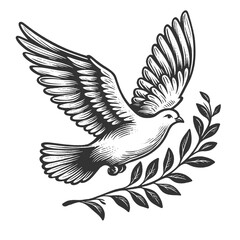 Fototapeta premium dove in flight, carrying an olive branch, symbolizing peace and harmony sketch engraving generative ai fictional character vector illustration. Scratch board imitation. Black and white image.