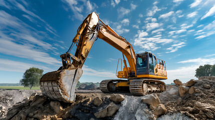 excavator loads the ground in the stone crusher machine during earthmoving works outdoors, Creative Banner. Copyspace image