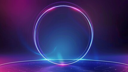 A gradient background with blue and purple tones, with an abstract line pattern at the bottom of the screen that forms a circle. The light shines behind the circular shape