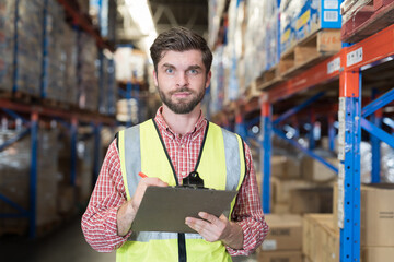 Male warehouse worker holding clipboard during working in storage warehouse. Warehouse worker...