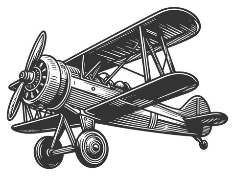 recommend clip art: biplane vintage plane, reminiscent of early aviation history sketch engraving generative ai vector illustration. Scratch board imitation. Black and white image.