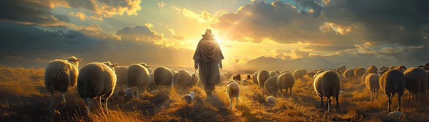 Fotobehang A lone shepherd stands among his flock of sheep on a grassy hill as the sunset casts a heavenly glow over the idyllic countryside. © HappyFarmDesign