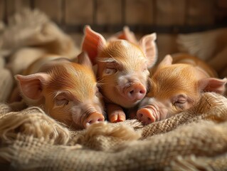 Two adorable piglets rest peacefully side by side on a cozy, knitted blanket, against a soft, bokeh background, evoking a sense of tranquility.