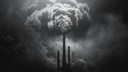 Concept of carbon emissions, represented by smoke billowing from factory chimneys - obrazy, fototapety, plakaty