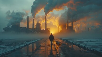 Concept of carbon emissions, represented by smoke billowing from factory chimneys - 783087124