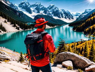 A man standing on a rocky outcropping overlooking a mountain lake. - obrazy, fototapety, plakaty