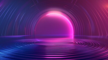 A gradient background with blue and purple tones, with an abstract line pattern at the bottom of the screen that forms a circle. The light shines behind the circular shape - obrazy, fototapety, plakaty