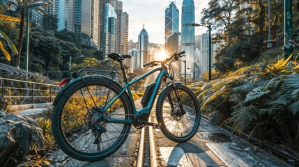 Fototapeta premium Urban cycling at sunset: bike on city pathway