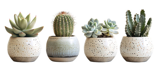 collection Set of 4 different mixed cactus and succulents types of small mini plant in modern ceramic nordic vase pot as furniture cutouts isolated on transparent background - obrazy, fototapety, plakaty