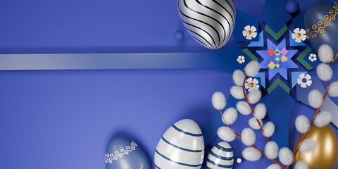 Happy Ukrainian Easter, decorated Eggs on blue background. Happy Easter concept. 3d render.