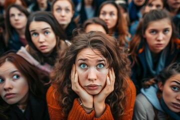 Bored young woman among disinterested crowd - obrazy, fototapety, plakaty