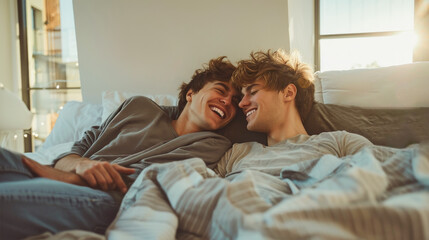Happy gay men couple waking up in the morning and having tender moment in bedroom - Homosexual relationship, LGBT and equality concept - Models by AI generative