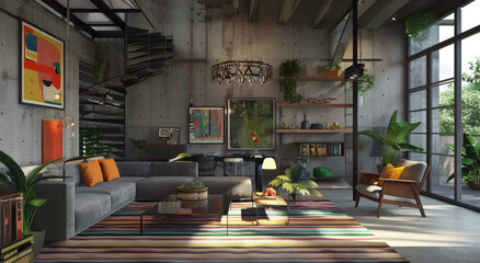 A living room with concrete walls, a grey sofa and striped rug, featuring an elegant metal chandelier hanging from the ceiling. 