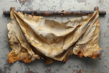 A piece of a cloth hanging on the wall with some rust, AI