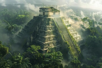 A lush green jungle with a large pyramid in the middle. The pyramid is covered in vines and moss, giving it an ancient and mysterious appearance. The sky is cloudy, adding a sense of mystery - obrazy, fototapety, plakaty