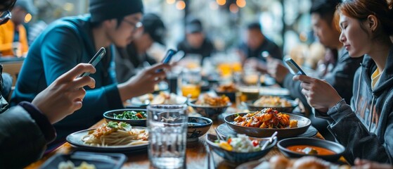Lunchtime Discover how smartphones accompany individuals during lunch breaks - obrazy, fototapety, plakaty