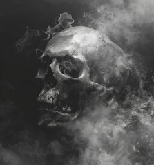 A skull is shown with smoke surrounding it. The skull is surrounded by a dark background, and the smoke is thick and billowing. The image has a dark and ominous mood, with the skull