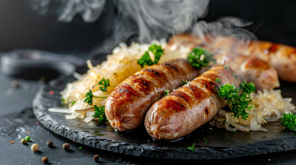 Hot Bratwurst and sauerkraut, on dark plate, isolated on dark background. Traditional Bavarian meal. - obrazy, fototapety, plakaty