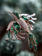 A green and white bird brooch with a green body and green and white wings. The brooch is made of precious stones and is hanging from a tree