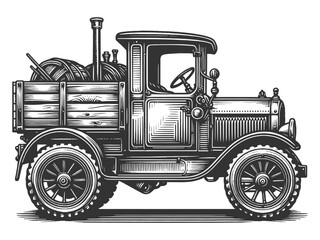 Fototapeta na wymiar farm truck with wooden barrels sketch engraving generative ai vector illustration. Scratch board imitation. Black and white image.