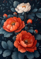 A painting of two red flowers with white petals and green leaves. The flowers are surrounded by blue leaves and stems. The painting has a serene and calming mood, with the colors of the flowers