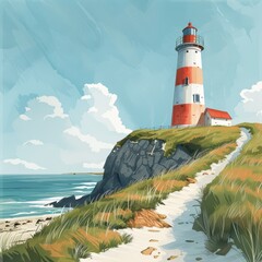 A lighthouse is on a rocky cliff overlooking the ocean. The lighthouse is red and white. The sky is blue and there are some clouds. The lighthouse is a symbol of safety and guidance for ships at sea