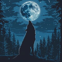 A wolf howls at the moon in a dark forest. Concept of mystery and solitude, as the lone wolf stands amid the trees, its howl echoing through the night - obrazy, fototapety, plakaty