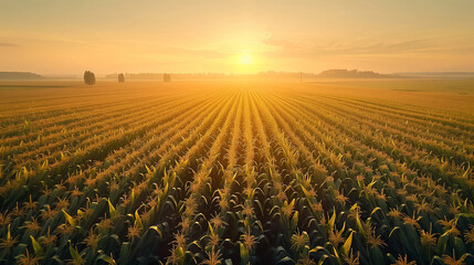 A field of corn is shown in the sun with a beautiful orange sky. The sun is setting, and the sky is filled with clouds. The corn is tall and green, and the field is vast - obrazy, fototapety, plakaty