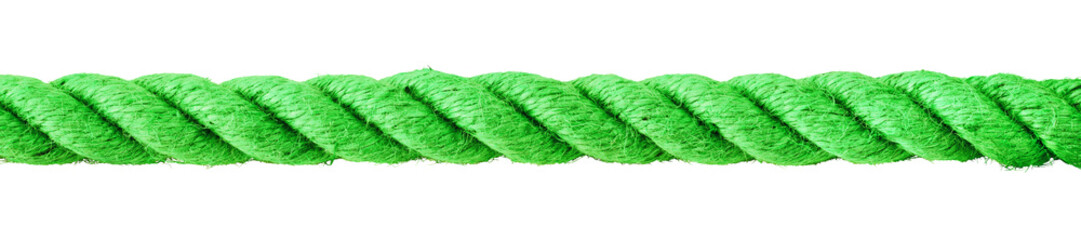 Straight green rope isolated on transparent or white background. Close-up. PNG. Panorama.
