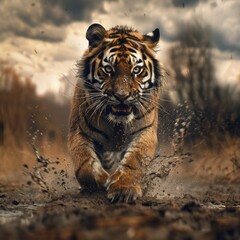 A tiger is running through the mud, leaving a trail of dirt behind it. Concept of wildness and freedom, as the tiger is free to roam and explore its natural habitat - obrazy, fototapety, plakaty