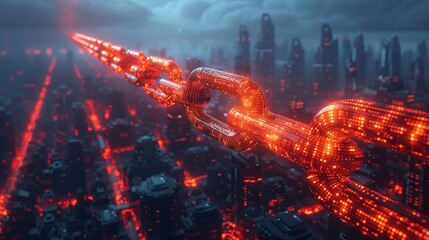 Blockchain technology concepts visualized through digital blocks and chains, with professionals discussing its applications in the style of stock photo image - obrazy, fototapety, plakaty