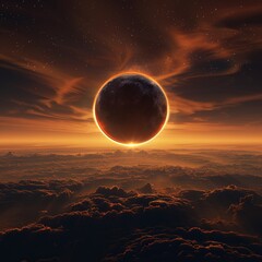 A large, glowing red moon is in the center of a dark sky. The sky is filled with clouds and stars, creating a moody and mysterious atmosphere