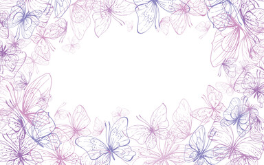 Butterflies are pink, blue, lilac, flying, delicate line art. Graphic illustration hand drawn in pink, lilac ink. Square frame, template EPS vector
