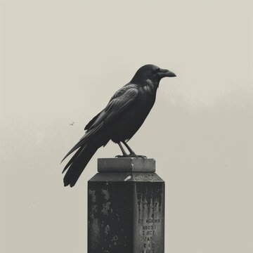 A black crow is perched on a stone pillar. The image has a somber and mysterious mood, as the crow is the only living creature visible in the scene