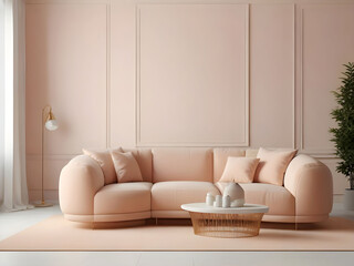 Fototapeta na wymiar Lounge in peach fuzz 2024 color year trend. Blank empty warm room interior. Design minimal luxury style living or reception. Apricot crush color beige sofa and white creamy ivory wall. 3d render