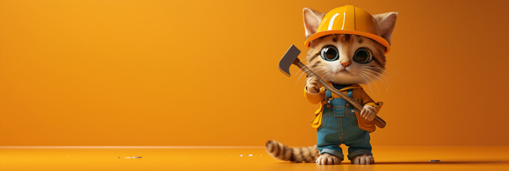 Cat in hard hat and overalls holding hammer tools. Digital artwork series of construction theme. Cute animal at work concept. Design for children's educational materials, posters, greeting cards