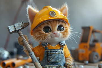 Cartoon cat wearing construction gear with hammer. Whimsical animal worker illustration set. Fun educational content for kids. Design for storybook, learning app, nursery wall art.