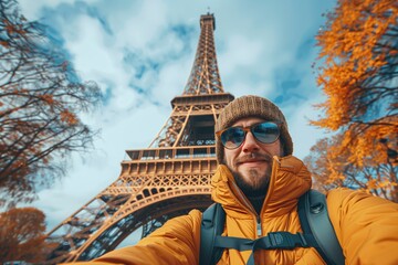 Tourist in yellow jacket at Eiffel Tower - obrazy, fototapety, plakaty