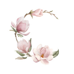 Composition of light pink magnolia flowers, buds, sprigs and leaves. Floral watercolor illustration for label or logo