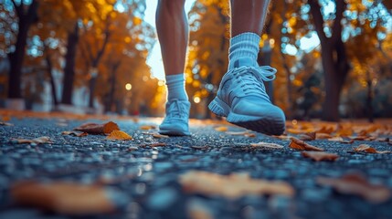 A person's feet are covered in white sneakers as they walk on a leafy road, AI