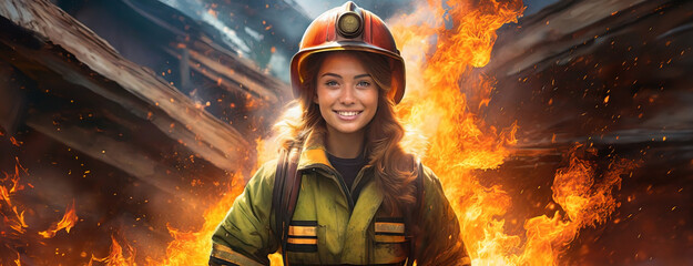 Female firefighter in protective work suit and helmet with fire in the background. Beautiful brave young adult woman saves people lives. - obrazy, fototapety, plakaty