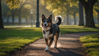 Dog walking in a park in the morning - obrazy, fototapety, plakaty