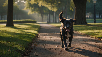 Dog walking in a park in the morning - obrazy, fototapety, plakaty